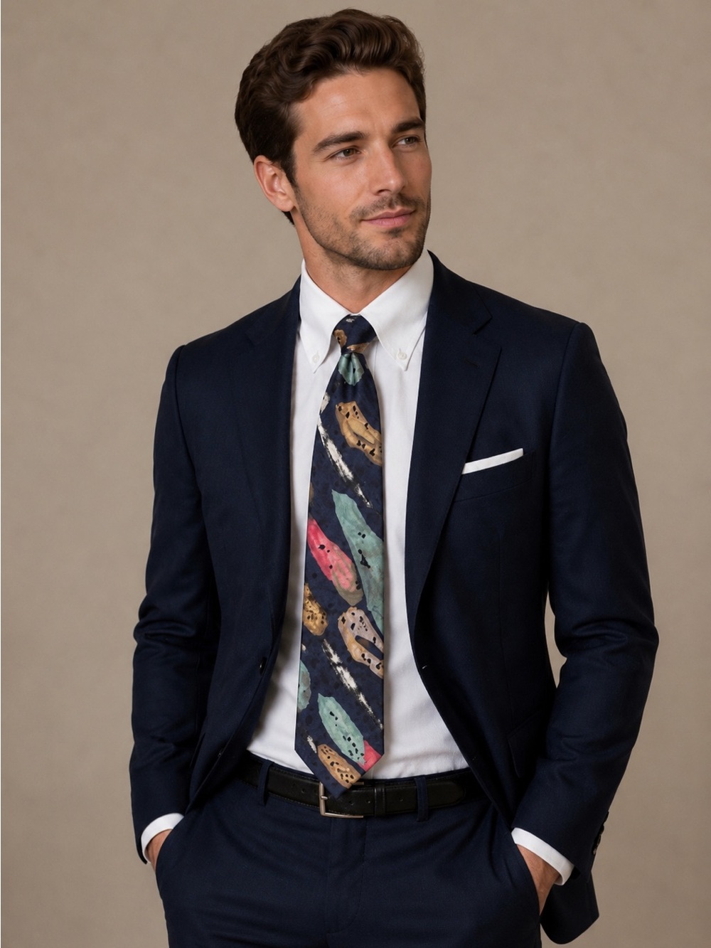 Bugatti 100% Silk Abstract Art Tie Navy Blue Teal Pink Gold
